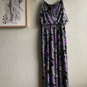 Enfocus Studio Maxi dress, spaghetti strap size 6,spandexblack, purple and white